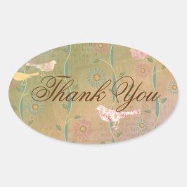 パステルフラワーバードありがとうオーバルステッカー 楕円形シール