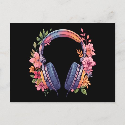 パステルフラワーヘッドホン音楽好き植物図鑑 ポストカード (正面)