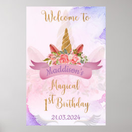 パステルフラワーユニコーン 誕生日パーティー ウェルカム ポスター