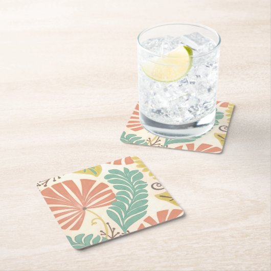 パステルフローラつる植物葉とクリーム背景 スクエアペーパーコースター (インサイチュ)