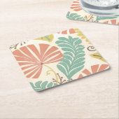 パステルフローラつる植物葉とクリーム背景 スクエアペーパーコースター (アングル)