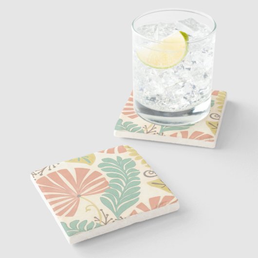 パステルフローラつる植物葉とクリーム背景 ストーンコースター (横)