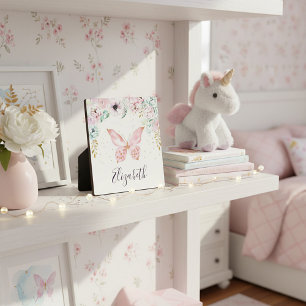 パステルフローラとバタフライベビー パーソナライズされた フォトプラーク