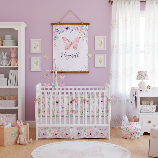 パステルフローラとバタフライベビー 吊り下げ型タペストリー