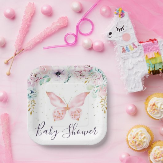 パステルフローラと蝶ベビーシャワー紙プラ ペーパープレート (パーティー)
