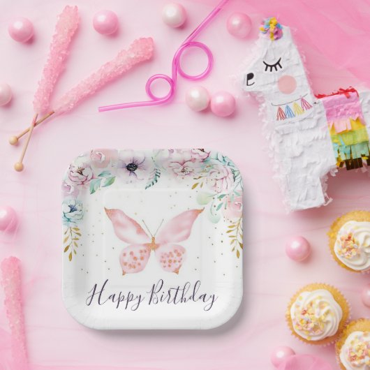 パステルフローラと蝶ベビー誕生日パーティー ペーパープレート (パーティー)