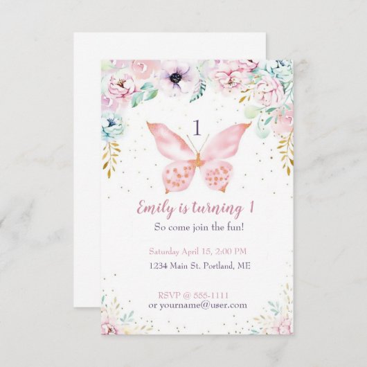 パステルフローラと蝶ベビー誕生日パーティー 招待状 (正面/裏面)