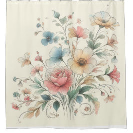 パステルフローラアートウォーターカラー シャワーカーテン