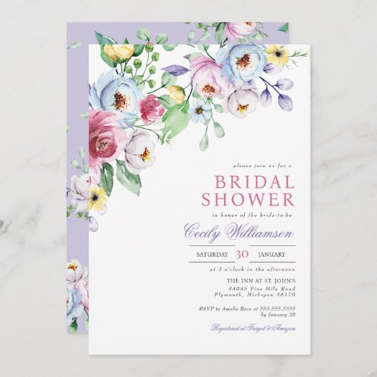 パステルフローラウォーターカラーボタニカルブライダルシャワー 招待状 (正面/裏面)