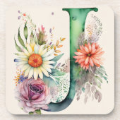 パステルフローラウォーターカラーモノグラムフラワーズデイジー コースター (正面)