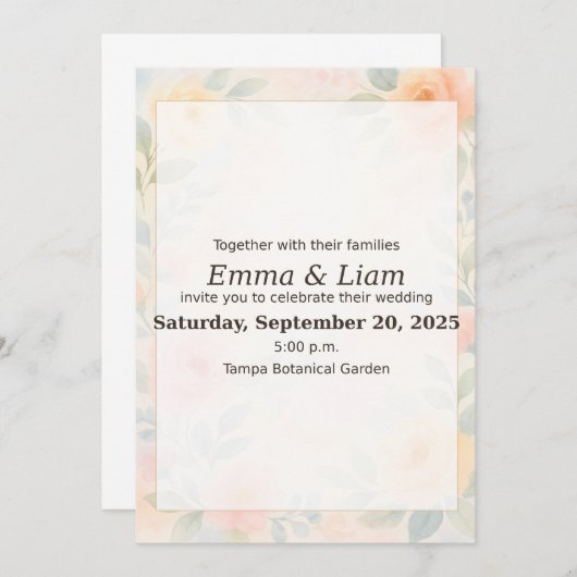 パステルフローラウォーターカラー結婚式招待状 | 5 x 7 招待状 (正面/裏面)