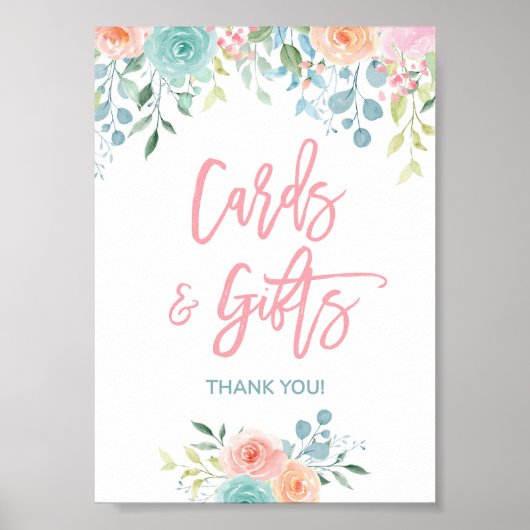 パステルフローラカードとギフトシャワーテーブルサイン5x7 ポスター (正面)