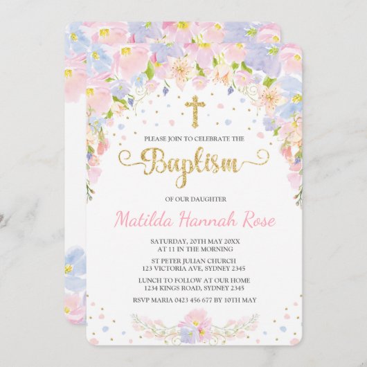 パステルフローラガールバプテスマ《キリスト教》洗礼式や命名式招待状 招待状 (正面/裏面)