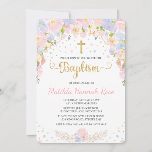 パステルフローラガールバプテスマ《キリスト教》洗礼式や命名式招待状 招待状 (正面)
