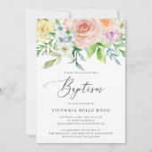 パステルフローラコーラルピーチベビーガールバプティズム 招待状 (正面)