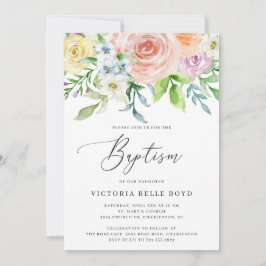 パステルフローラコーラルピーチベビーガールバプティズム 招待状