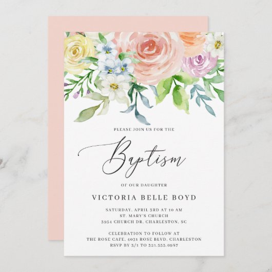 パステルフローラコーラルピーチベビーガールバプティズム 招待状 (正面/裏面)