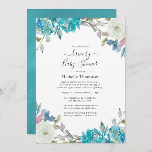パステルフローラドライブブライダルまたはベビーシャワー 招待状 (正面/裏面)