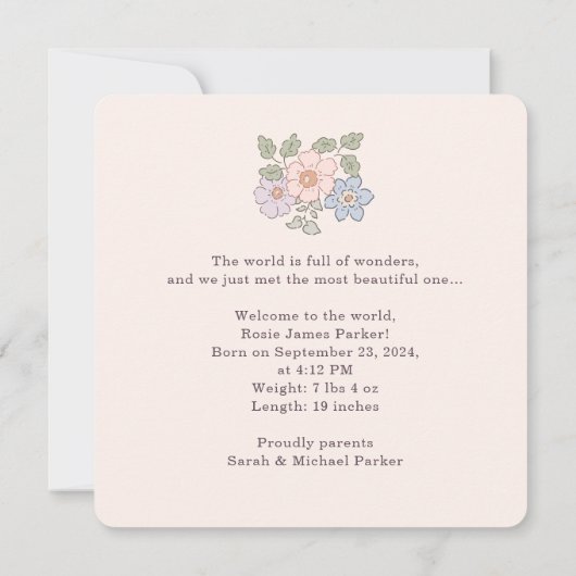パステルフローラピンクベビー誕生発表 案内状 (裏面)