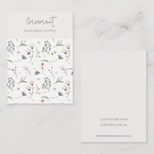 パステルフローラブルーラストスクリプトイヤリングネックレス 名刺 (正面/裏面)