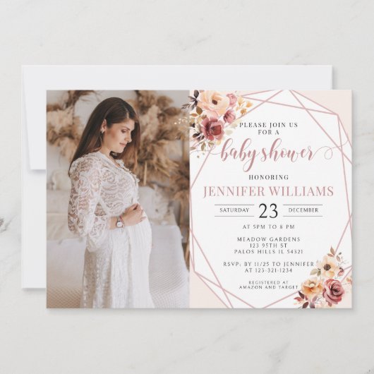 パステルフローラベビーガールシャワー写真の招待状 招待状 (正面)