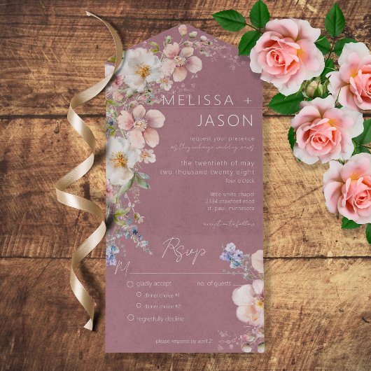 パステルフローラモダンダスティピンクディナー オールインワン招待状