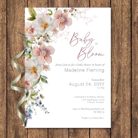 パステルフローラモダンベビーイン開花ベビーシャワー 招待状