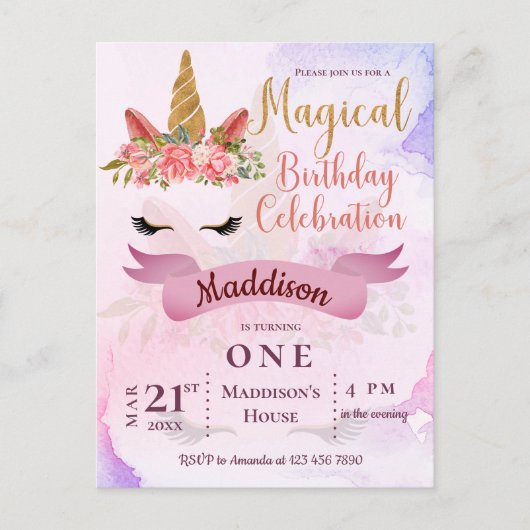 パステルフローラユニコーンキッズファースト誕生日パーティー インビテーションポストカード (正面)