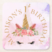 パステルフローラユニコーンバースデーパーティー スクエアペーパーコースター (正面)