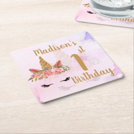 パステルフローラユニコーンバースデーパーティー スクエアペーパーコースター