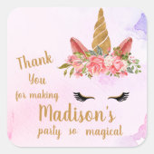 パステルフローラユニコーン誕生日と名前パーティー スクエアシール (正面)