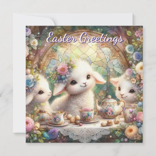 パステルフローララムティーパーティーかわいいキッズイースター シーズンカード (正面)