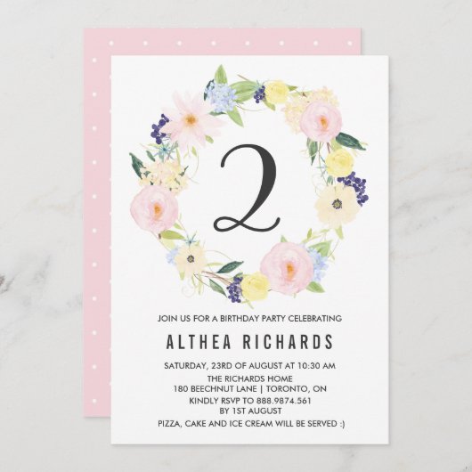 パステルフローラリース子供の誕生日パーティー春 招待状 (正面/裏面)