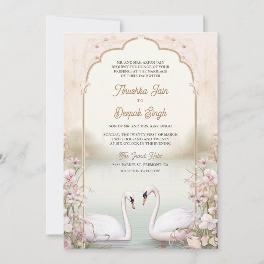 パステルフローラロマンチックスワンスインディアン結婚ズ 招待状 (正面)
