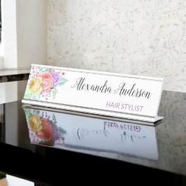 パステルフローラ水彩ピンクパープルイエロー デスクネームプレート