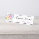パステルフローラ水彩ピンクパープルイエロー デスクネームプレート (正面)
