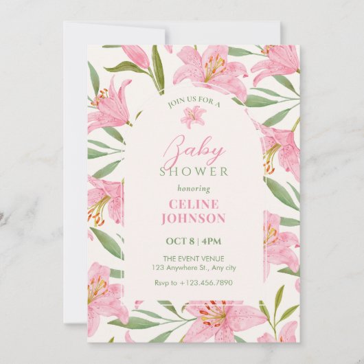 パステルフローラ開花リリーピンク緑のベビーシャワー 招待状 (正面)