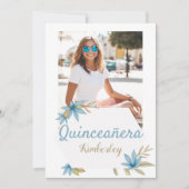 パステルブラウンブルーフラワーフォトキンセニェラパーティー 招待状 (正面)