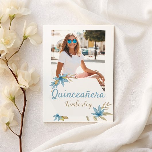 パステルブラウンブルーフラワーフォトキンセニェラパーティー 招待状