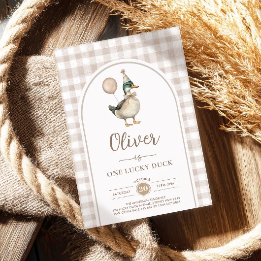 パステルブラウンワンラッキーダックバルーン1st誕生日 招待状