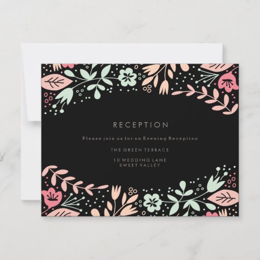 パステルブラックモダンフローラウェディングレセプションカード 招待状 (正面)