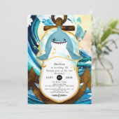 パステルブルーお洒落シャーク誕生日 招待状 (スタンド正面)