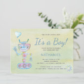 パステルブルーかわいいロボット男の子の赤ちゃんシャワー 招待状 (スタンド正面)