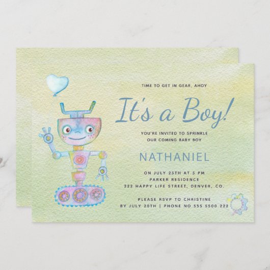 パステルブルーかわいいロボット男の子の赤ちゃんシャワー 招待状 (正面/裏面)