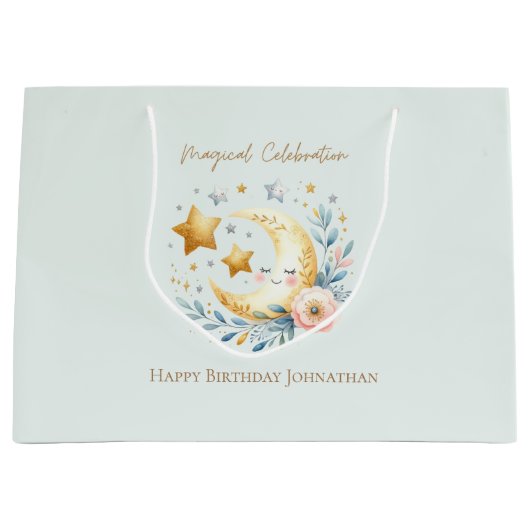 パステルブルーかわいい月1st誕生日 ラージペーパーバッグ (正面)