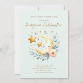 パステルブルーかわいい男の赤ちゃんムーン1st誕生日 招待状 (正面)