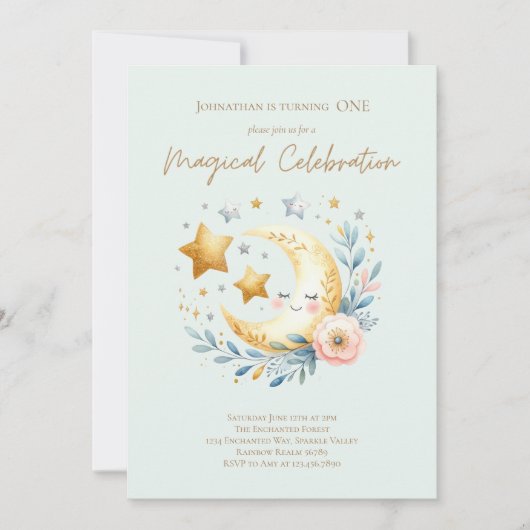 パステルブルーかわいい男の赤ちゃんムーン1st誕生日 招待状 (正面)