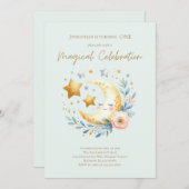 パステルブルーかわいい男の赤ちゃんムーン1st誕生日 招待状 (正面/裏面)