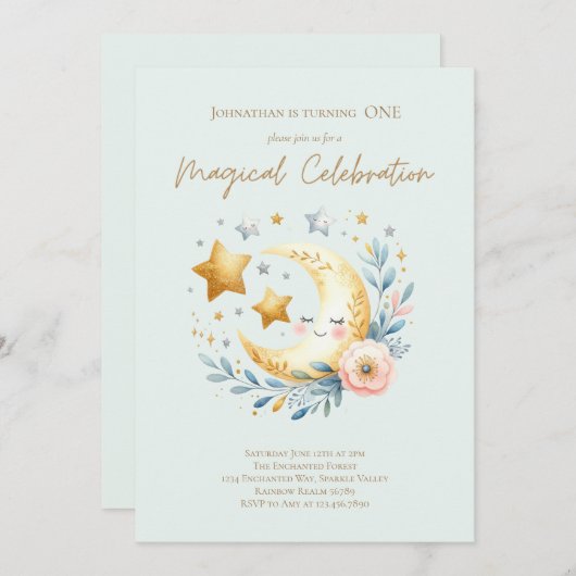 パステルブルーかわいい男の赤ちゃんムーン1st誕生日 招待状 (正面/裏面)