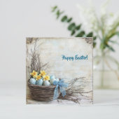 パステルブルーとイエローのイースターエッグのバスケット レトロ シーズンカード (スタンド正面)